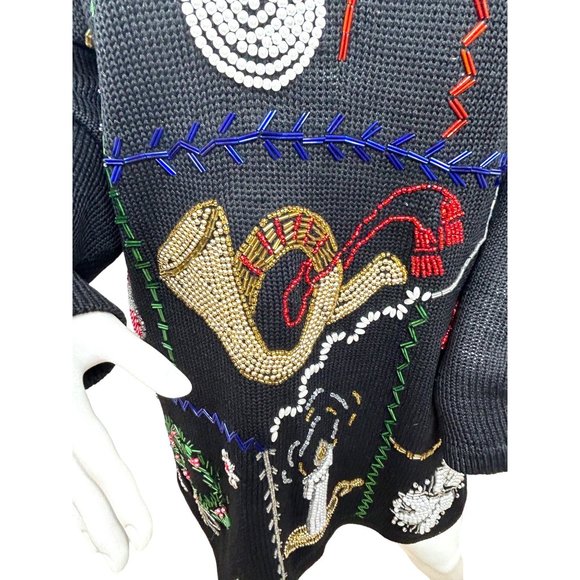 Christmas Tunic Sweater Victoria Jones Vintage 90’s M/L Black Beaded Pearls Mock - Picture 10 of 17